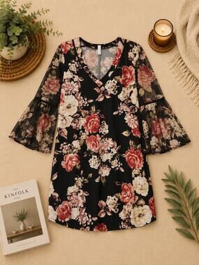 Per Seption Women 3X Black Floral Cold Shoulder Bell Sleeve V-Neck Tunic Dress